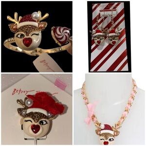BETSEY JOHNSON SET Holiday Rudolph Reindeer Necklace Bracelet Earrings Ring NWT